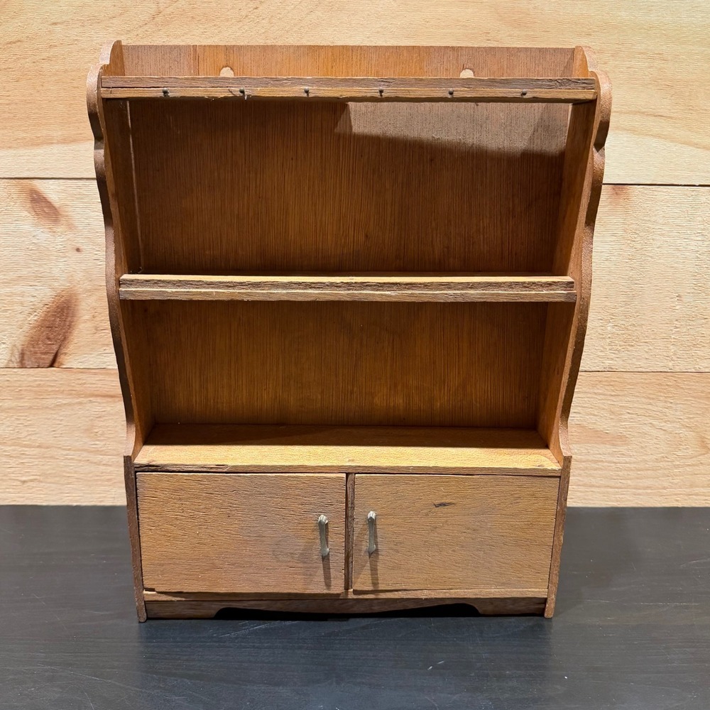 Primitive Wooden Display Cabinet 2 Door Shelves Rustic Farmhouse Vintage